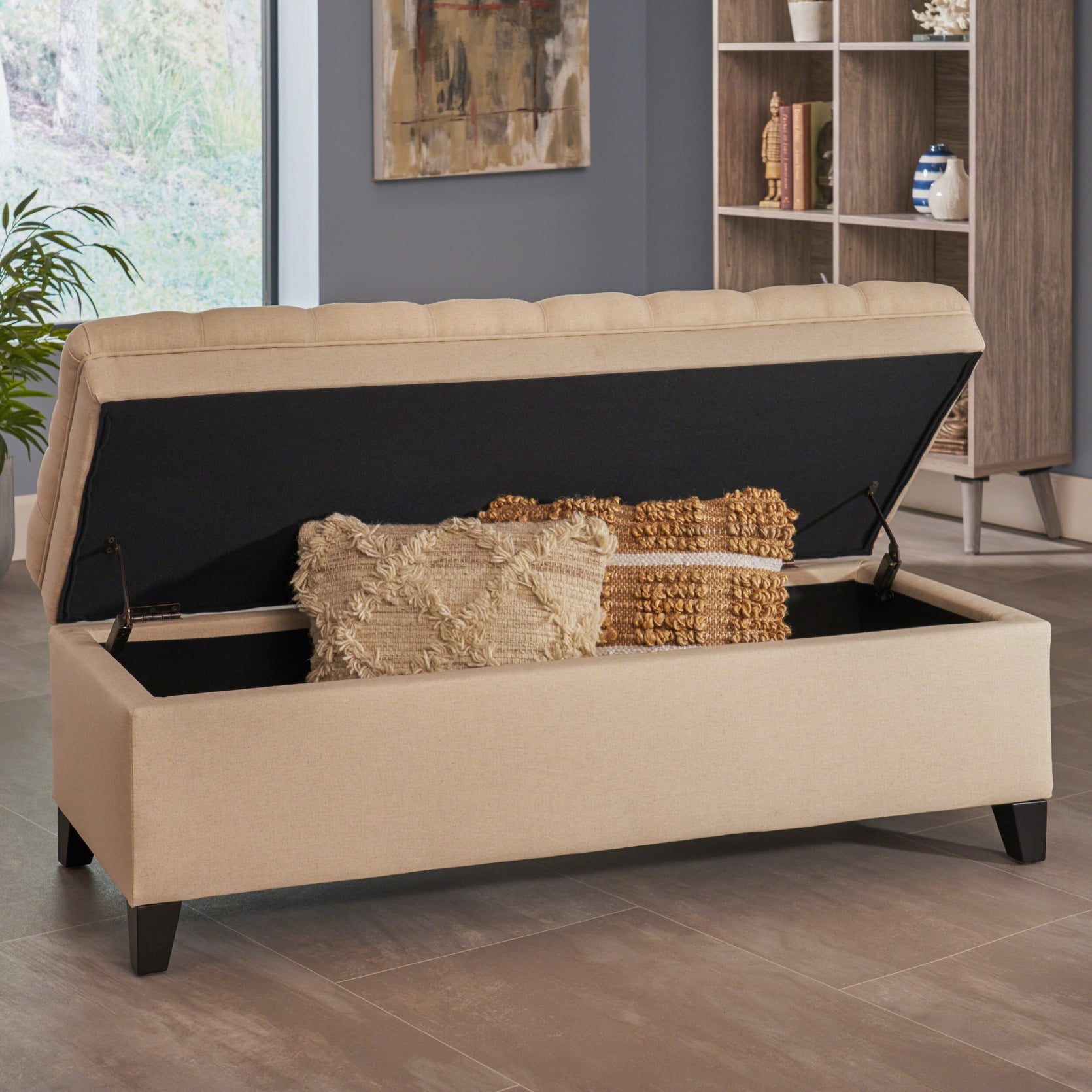 50" Storage Ottoman, Storage Ottoman Bench with Wooden Legs and Safety Hinge, Tufted Entryway Bedroom Bench, Holds up to 330 lb, for Living Room, Bedroom, Beige