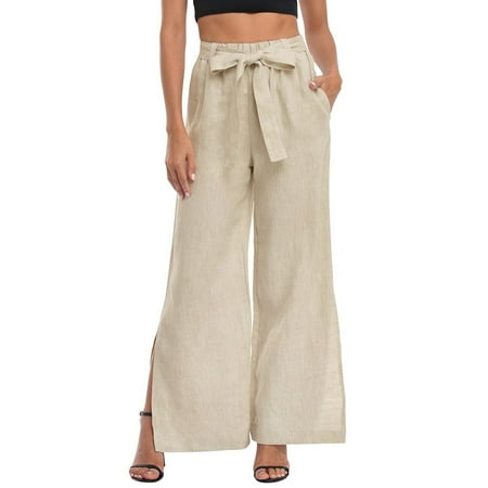 

koaiezne Women s Linen Wide Leg Palazzo Pants Paperbag Flowy Boho Pant with Pockets Patterned Pants for Women Work Maternity Toga Pants