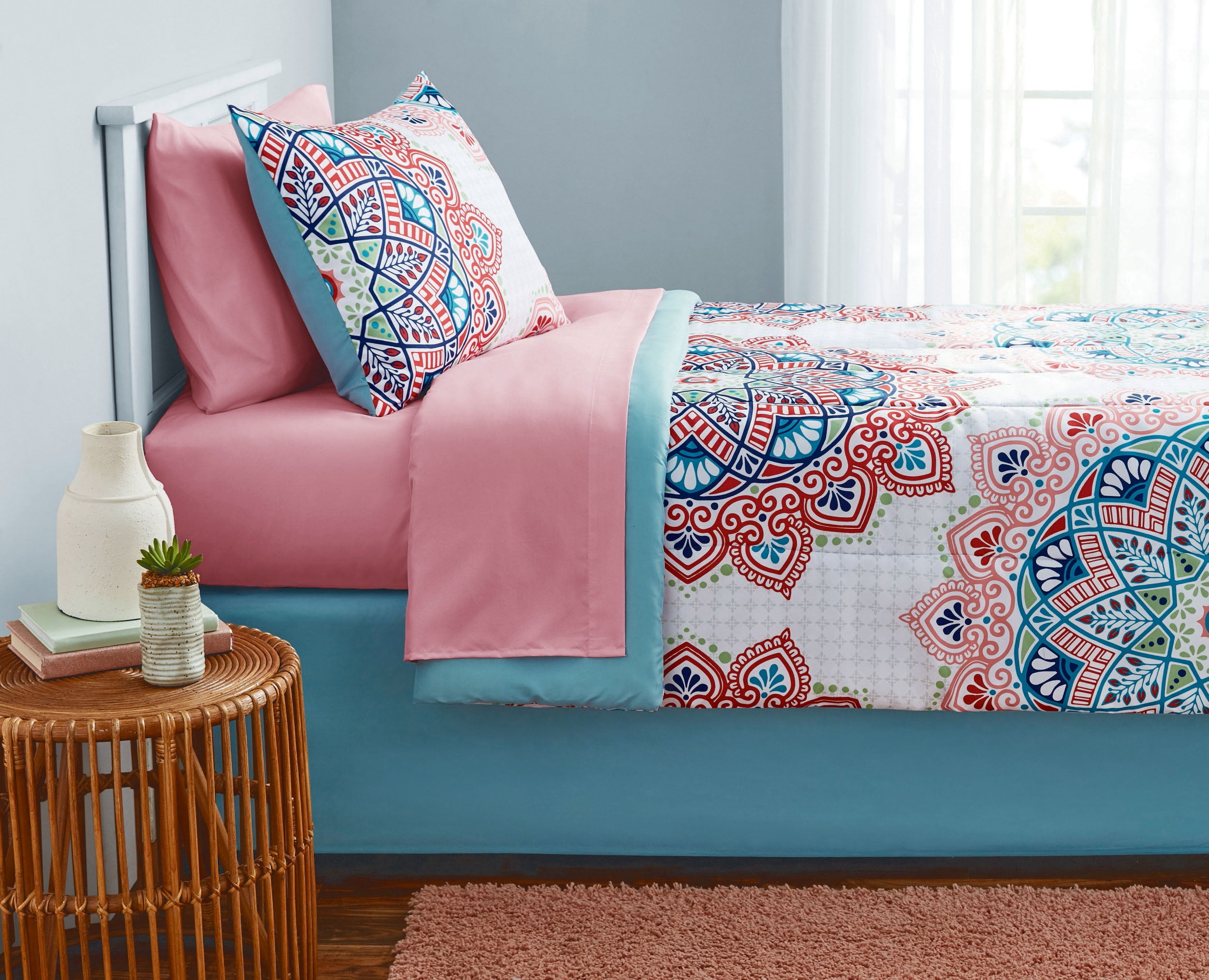 Mainstays Pink and Teal Medallion 6 Piece Bed in a Bag Comforter Set with Sheets, Twin