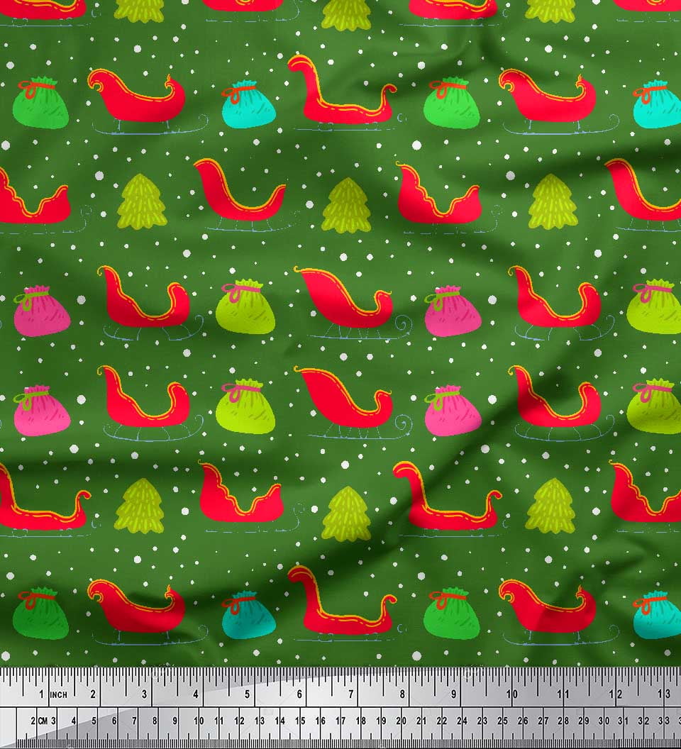 Soimoi Green Cotton Voile Fabric Santa Bag,Tree & Sleigh Christmas Print Fabric by Yard 42 Inch Wide