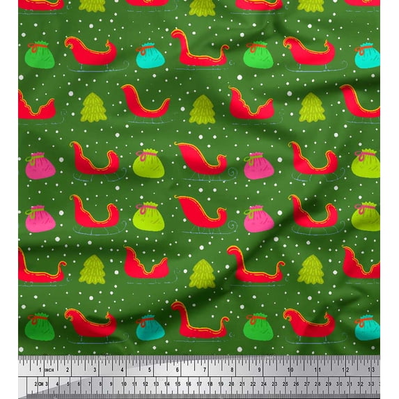 Soimoi Green Cotton Voile Fabric Santa Bag,Tree & Sleigh Christmas Print Fabric by the Yard 56 Inch Wide