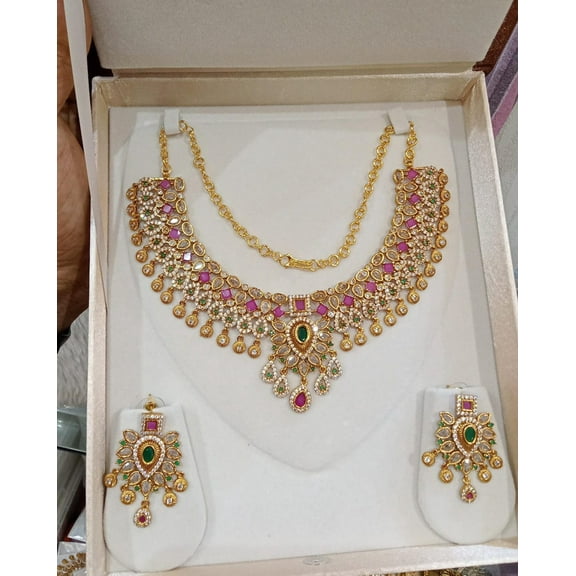 Gold Plated Pink & Green CZ Diamond Choker Necklace with Pearl Beads - South Indian Bridal Jewelry Set for Weddings, Kemp Stone Short Necklace with Matching Earrings