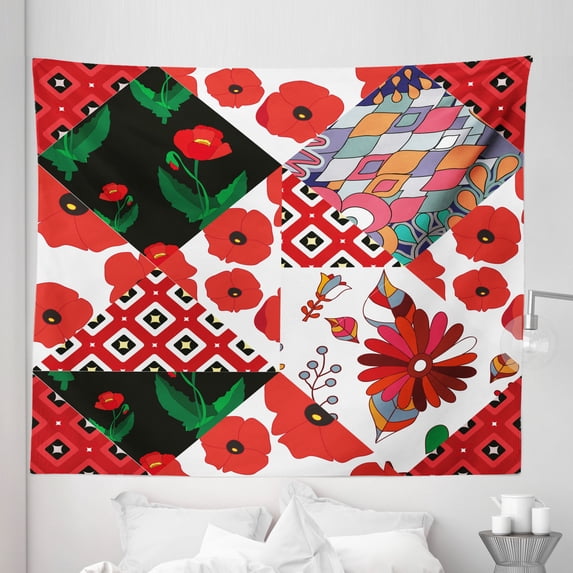 Retro Tapestry, Patchwork Inspired Pattern with Poppy Flowers Russian Slavic Cultural Design Revival, Fabric Wall Hanging Decor for Bedroom Living Room Dorm, 5 Sizes, Multicolor, by Ambesonne