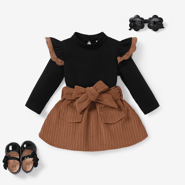 PatPat Vêtements pour Bébé Fille 2 Pcs Couleur Unie Haut en Dentelle à Manches Longues/ensemble Robe avec Ceinture