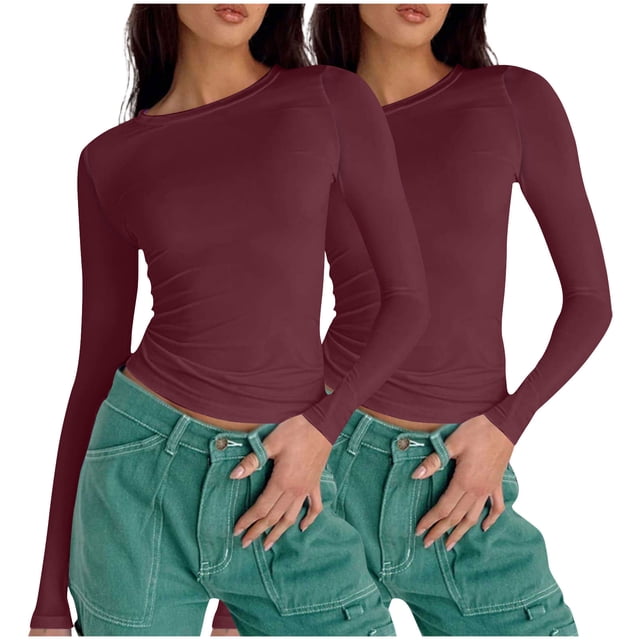 cfhntfmh Womens 2 Pack Long Sleeve Shirts Basic Fall Crop Tops Slim Fit Going out Clothes Lightweight Tight Tee