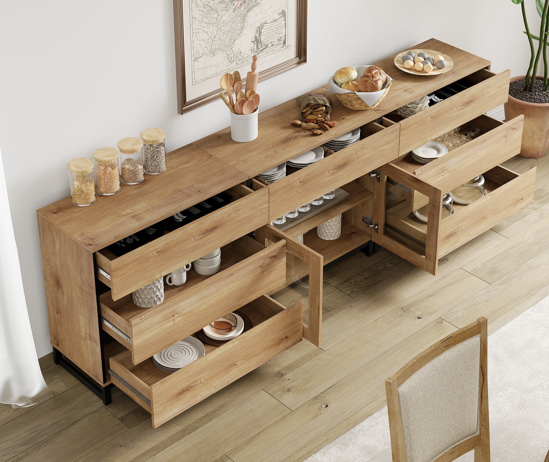 3 In 1 Sideboard Buffet Cabinets With Glass Doors And 7 Drawers, Modern Sideboard Credenza With Adjustable Shelf And Metal Base, Coffee Bar Cabinet Storage Cabinet For Living Room, Kitchen