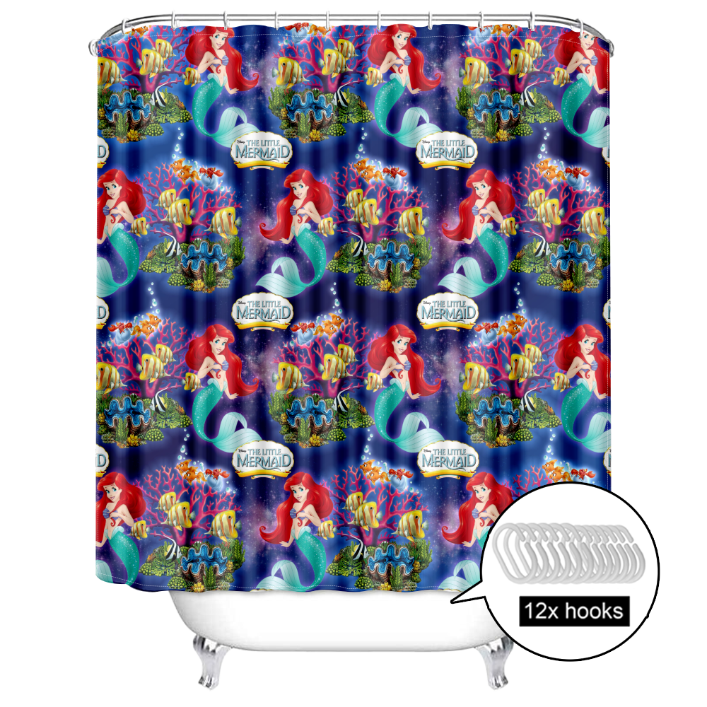 Little Mermaid Ariel Shower Curtain with 12 Hooks,Waterproof Shower Curtain and 12 Pieces