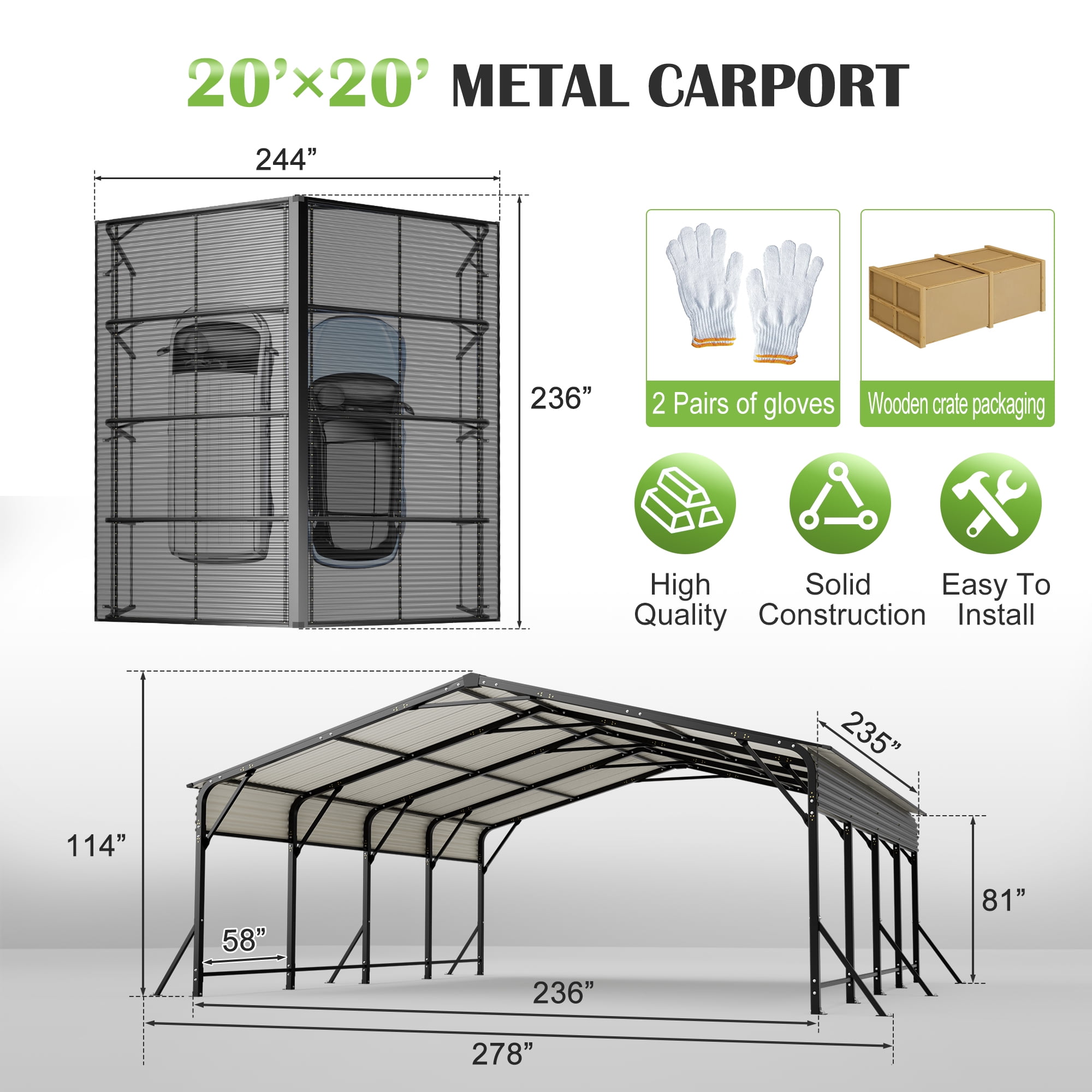 RocVanc Heavy Duty 20x20 ft Steel Carport Reinforced Frame & Base All-Weather Protection Portable Garage Shelter Outdoor Metal Carport Canopy for 2 Cars, Trucks, Boats, RVs