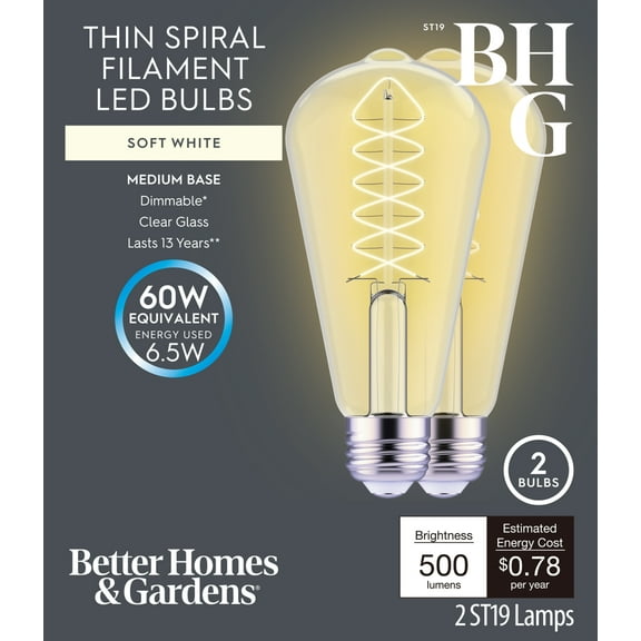Better Homes & Gardens 6.5W (60W Equivalent) Soft White Dimmable ST19 Thin Filament Light Bulb E26 Base 2 Pack