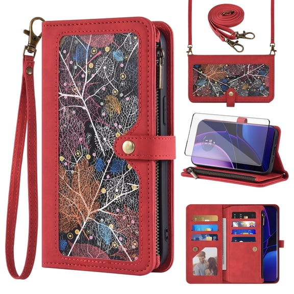 Asuwish Phone Case for Motorola Edge 2023/Edge 40 5G Wallet Cover With Tempered Glass Screen Protector Crossbody Wrist Strap Flip Pattern Zipper Credit Card Holder Cell Moto Edge2023 6.6 Women Red