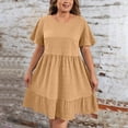 thumbnail image 2 of Tianiyouqing Pleated Dresses for Women 2024 Oversized Plus Size Ruffle Tiered Layered Flowy Pleated Dresses Short Sleeve Crew Neck Party Midi Dresses Khaki 5XL, 2 of 7