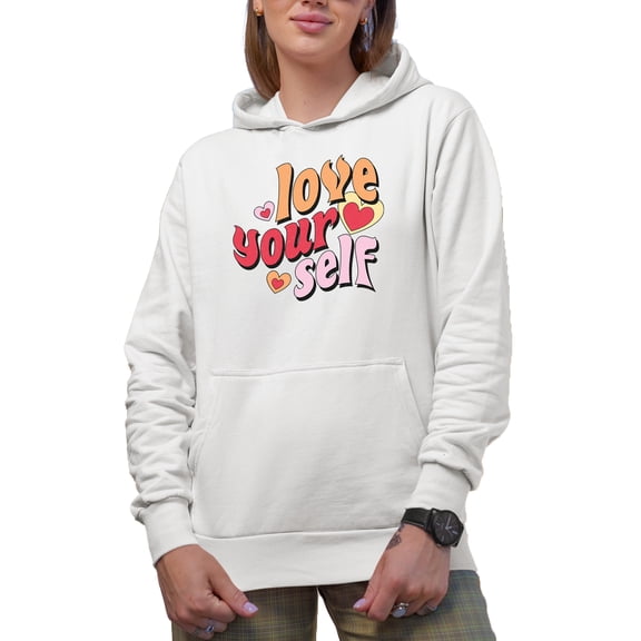 Distressed Love Your Self - Retro Wavy Text Art Merch Gift, White Hooded Sweatshirt or Hoodie, Small