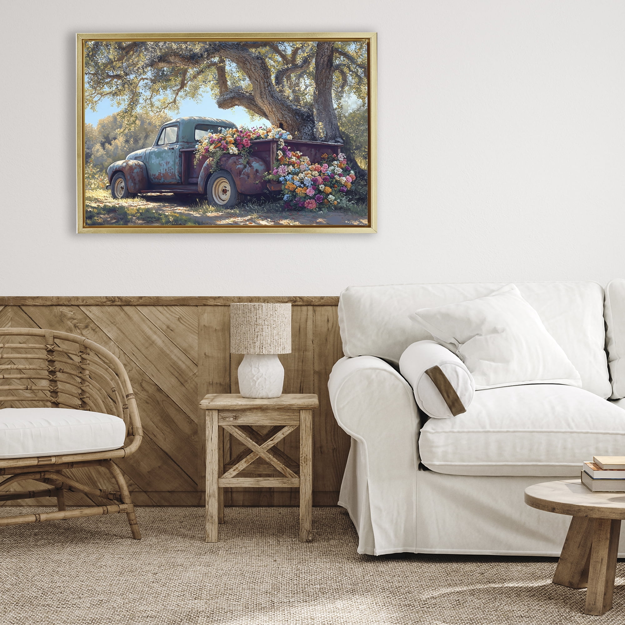 Stupell Industries Repurposed Truck Filled with Flowers Gold Framed Floater Canvas Wall Art, design by Franklyn Gregory