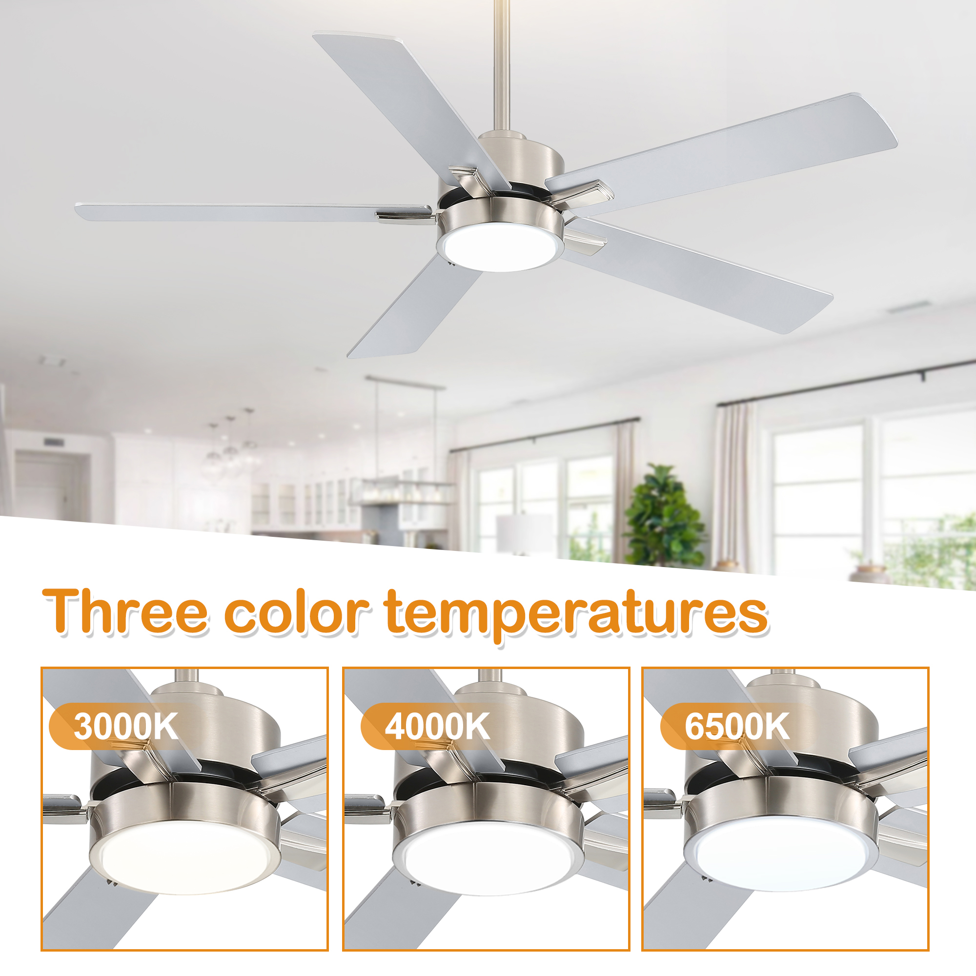 ALKAFY 52'' Satin Nickel LED Ceiling Fan with Remote, 3-CCT Adjustable & Reversible Motor for Home Rooms