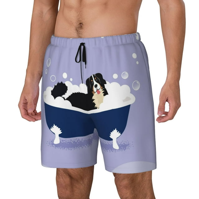 Bingfone Bernese Mountain Dog Sitting Bath Tub for Men's Double Layer Swimming Trunks with Lining, Drawstring Style with Pockets Beach Shorts Men's Swimsuit-Medium