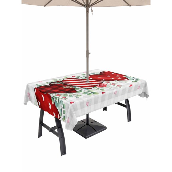 Outdoor Tablecloth with Umbrella Hole and Zipper, Valentine's Day Rectangle Table Cloth 60x84 Inch Waterproof Tablecloth, Red Strip Plaid Love Eucalyptus Grey Check Picnic Table Cover for Patio