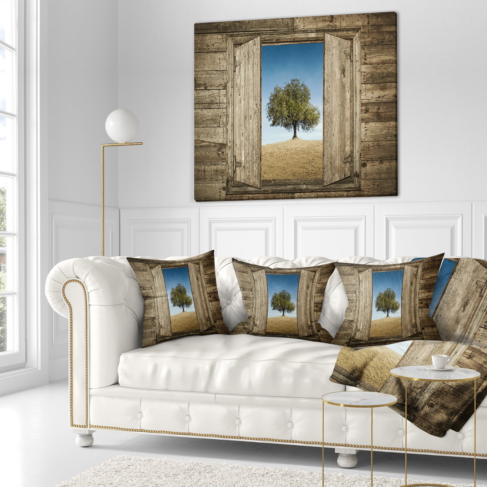Designart Window Open To Solitary Tree - Modern Landscape Printed Throw Pillow - 16x16