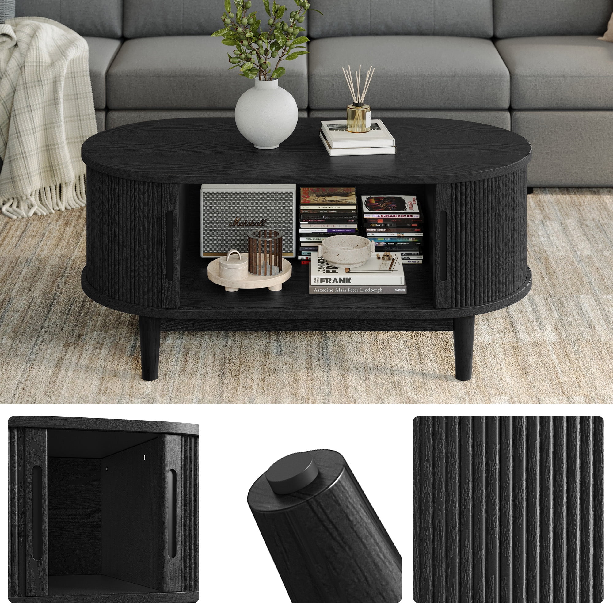LINSY HOME Fluted Coffee Table with Storage, Mid-Century Coffee Table for Living Room with Sliding Tambour Door, Black