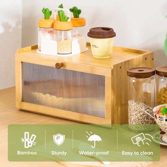 VUSIGN Bamboo Bread Box Acrylic Transparent Window Storage Container, Kitchen Countertop