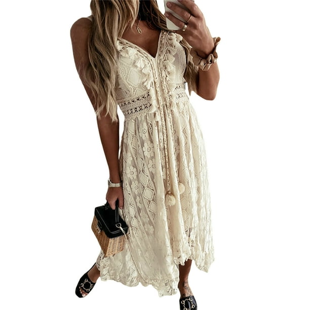 Merqwadd Women's Beach Crochet Backless Bohemian Halter Maxi Long Dress -  Walmart Business Supplies