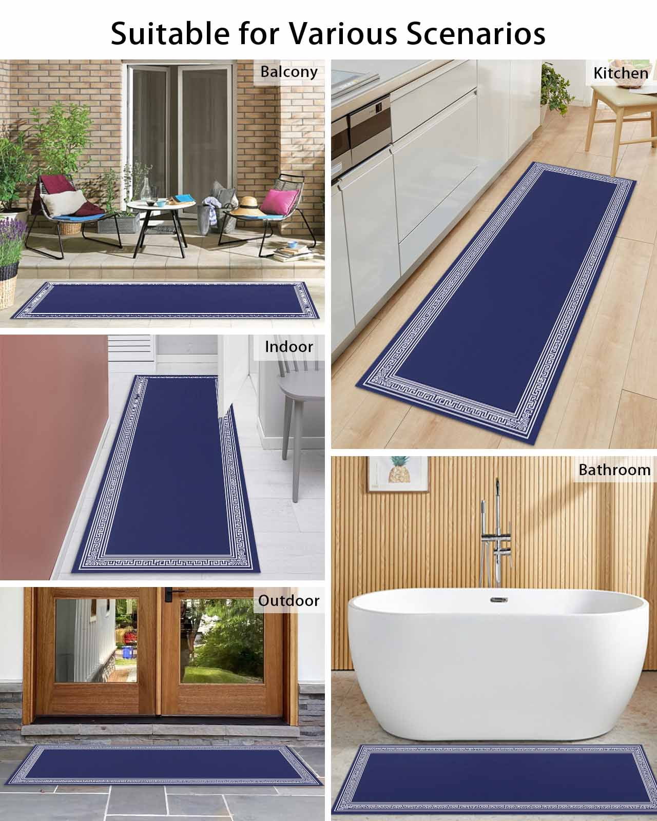 Navy Blue White Front Door Mat Geometric Greek Style Abstract Art Welcome Doormat Indoor Outdoor Entrance Floor Mat Non-Slip Washable Runner Rug for Front Porch Decor 18x60 Inch