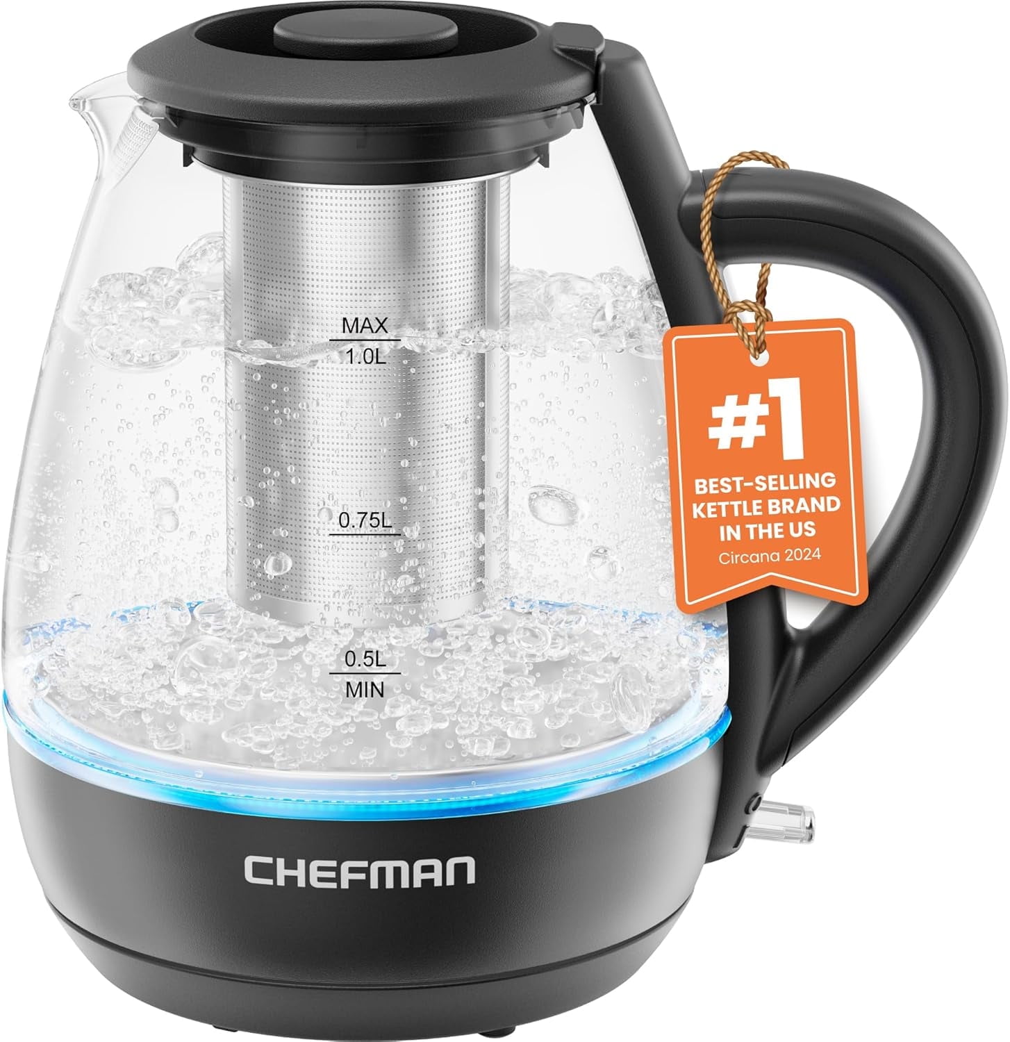 Chefman 1L Electric Glass Kettle with Tea Infuser, Black