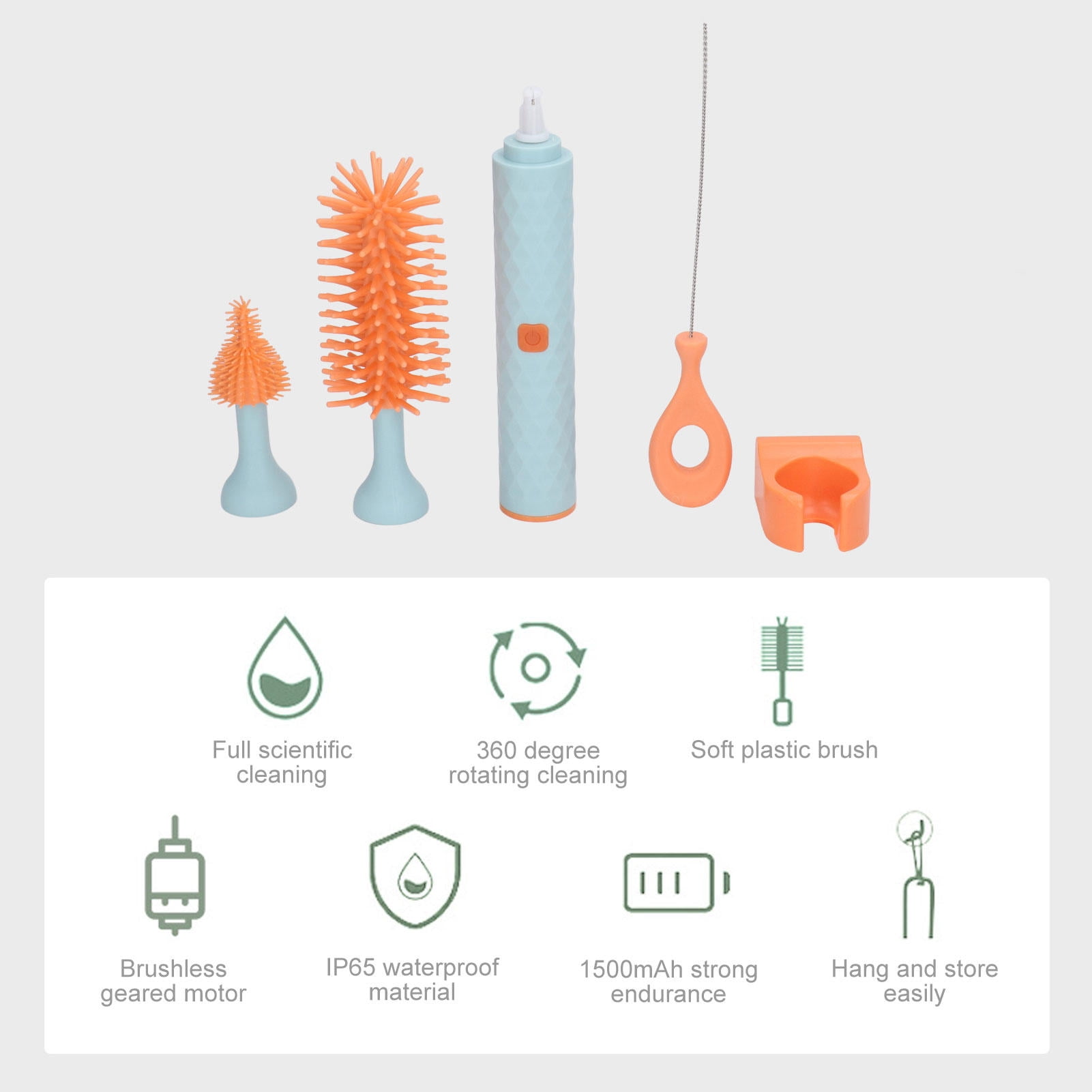 BOKYAN 2‑Speed Electric Bottle Brush Set – Waterproof, Wall‑Mounted, Multi‑Tool Cleaner with Silicone Brush, Nipple & Straw Attachments, Blue