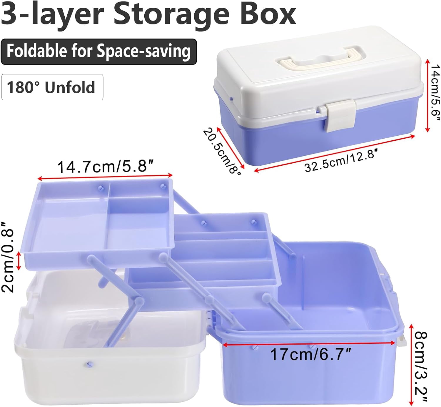 3-Layer Plastic Storage Box 12.8" Multipurpose Craft Organizers with Dividers & Handle, Hair Accessories Organizer Folding Craft Tool Case Portable Tackle Box for Sewing Art Cosmetic, Purple