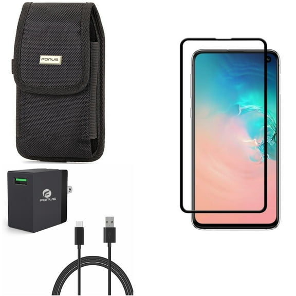 Galaxy S10e Quick Home Charger w Screen Protector w Case Belt Clip - 18W 6ft USB Cable Power, Tempered Glass 5D Curved Edge, Swivel Holster Rugged for Samsung Galaxy S10e Phone