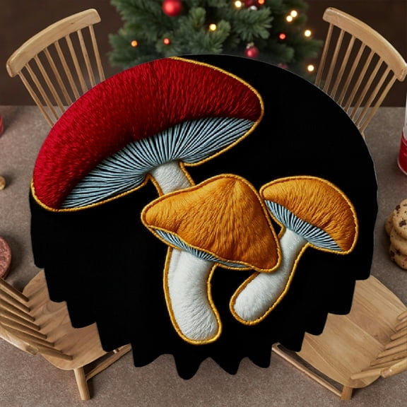 RKSupls 60 Inch Round Tablecloth, Embroidered Mushroom Polyester Table Cover - Soft, Stain Resistant & Washable Decor for Wedding, Party, Holiday, Home Dining