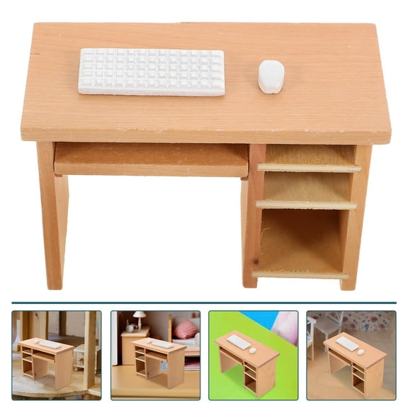 HOMEMAXS Miniature Office Table Decor Wooden Dollhouse Furniture Khaki for Mini Scene 3.15 x 2.95 x 2.36 Inch