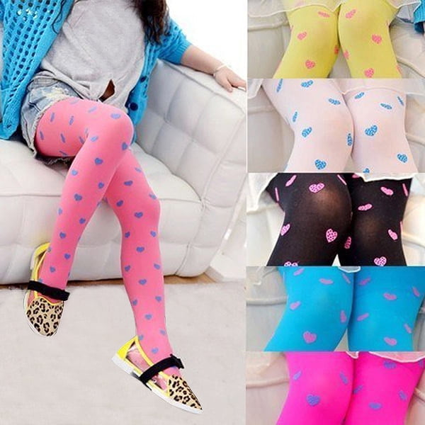 Kids Girls Footed Heart Dots Tights Stockings Ballet Candy Colors Opaque Stock 