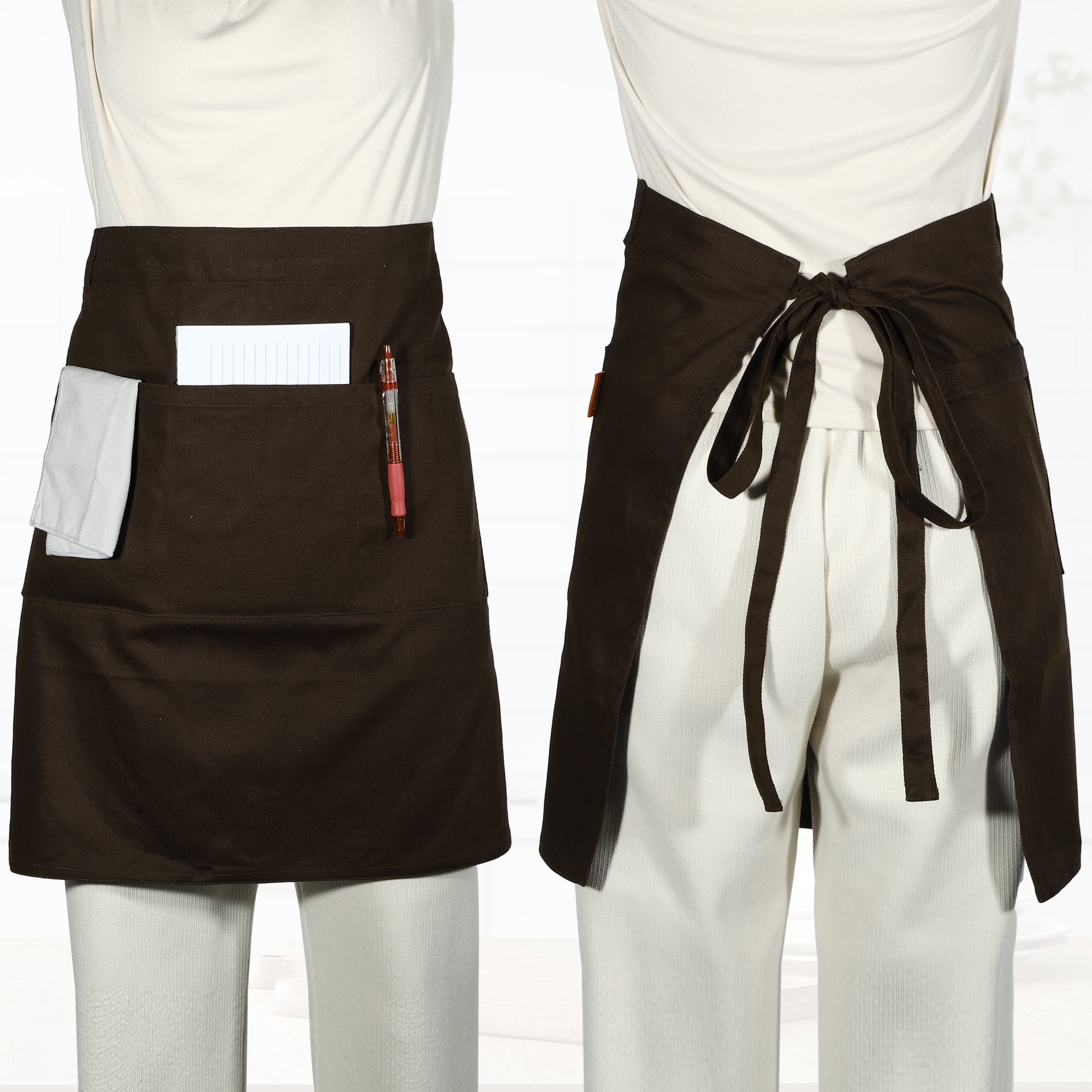Unique Bargains Serving Cooking Versatile Waist Apron with Pockets Coffee Color