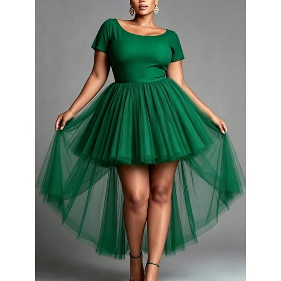 Women's Emerald Green High Low Tulle Dress Scoop Neck Short Sleeve Multi-Layer Ruffle Skirt Cocktail Gown