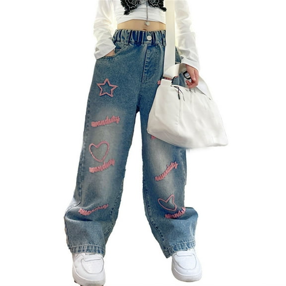 RUTAYY Toddler Kids Girls Jeans Distressed Elastic Waist Baggy Denim Wide Leg Trousers Trendy Pants