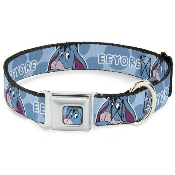 Disney Pet Collar, Dog Collar Metal Seatbelt Buckle, Winnie the Pooh Eeyore Text and Expression Close Up Dot Blues, 15 to 24 Inches 1.0 Inch Wide