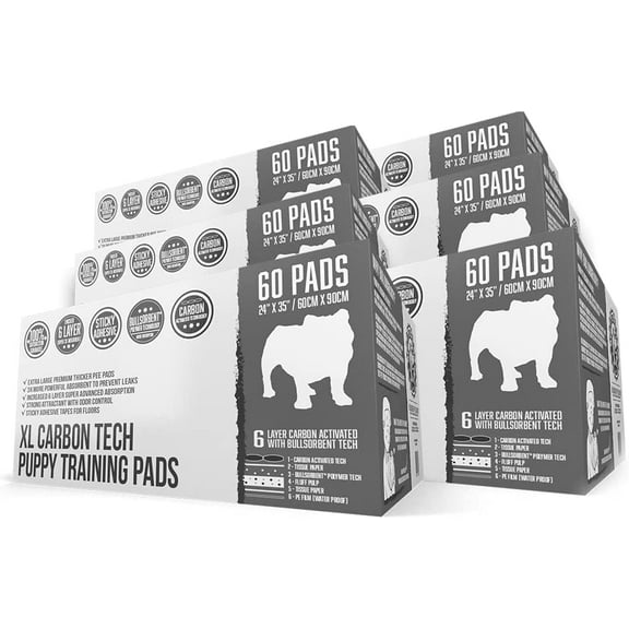 Bulldogology Carbon Black Puppy Pee Pads with Adhesive Sticky Tape - Extra Large Charcoal Housebreaking Dog Training Wee Pads (24x35, 360-Count)