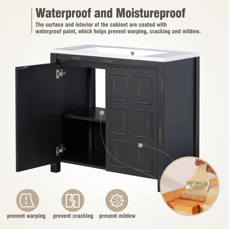 Magic Home 30 in. Black Bathroom Vanity Set Combo Storage Cabinet with Solid Wood Frame and White Sink