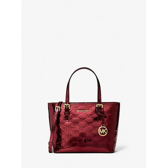 Michael Kors Outlet Jet Set Extra-Small Metallic Logo Debossed Convertible Tote Bag - Cherry