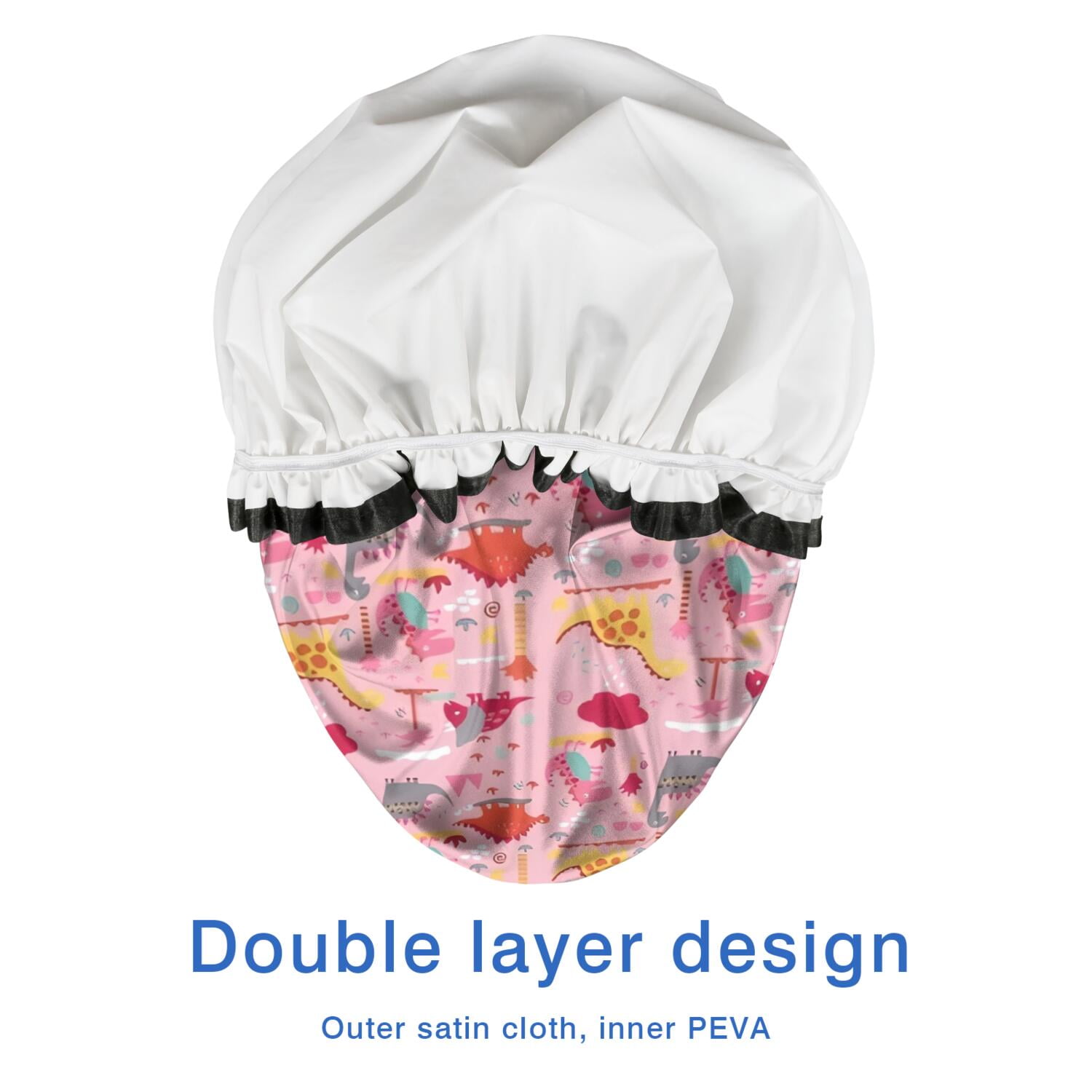 Shower Caps,Pink Cartoon Dinosaurs Landscape Pattern Waterproof Shower Cap for Women 4 Pieces,Double Reusable Hair Cover for Shower PEVA Elastic Stretch Hem