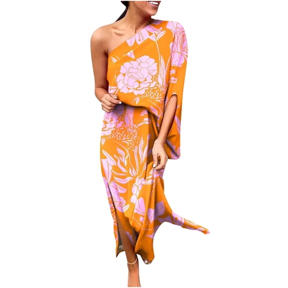 Womens Summer One Shoulder Maxi Dress Sleeveless Ruffle Wedding Guest Flowy Split Thigh Prom Dress, Hawaiian Dresses For Women