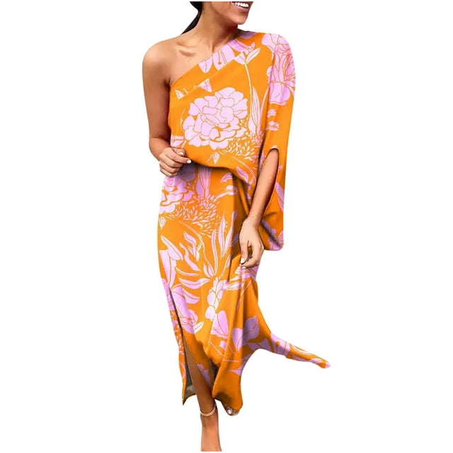 Mujeres verano sexy un hombro impreso suelto medio hendidura dobladillo manga vestidos Fridja bnh6986