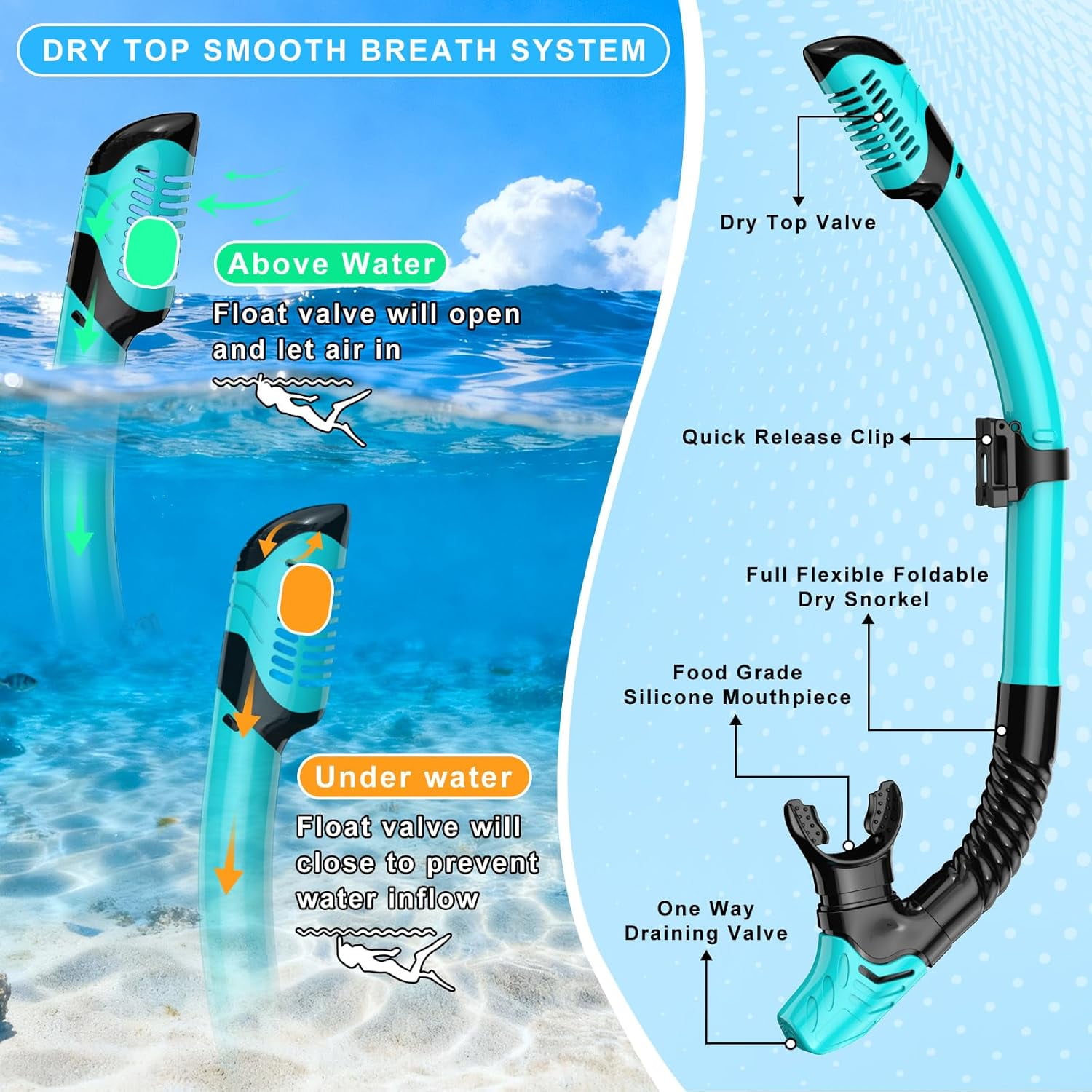 Snorkeling Gear for Adults Men Women, 3 in 1 Snorkel Set with Panoramic View Diving Mask, Dry Top Snorkel Fins for Swimming, Snorkeling and Travel Diving-Green（Small/Medium）