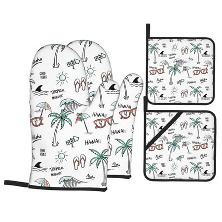 

Oven Mitts and Pot Holders Sets 4 pcs - Hawaii Palm trees flip flops Heat Resistant Silicone Oven Gloves with Non-Slip Silicone Surface and hot pads for kitchen Baking Cooking BBQ