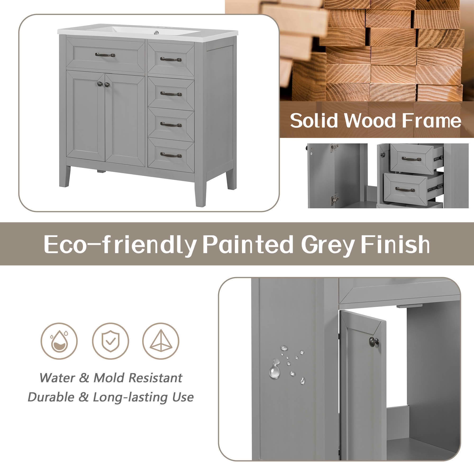MAYEERTY 36" Bathroom Vanity with Sink Gray Cabinet Drawers Solid Frame MDF