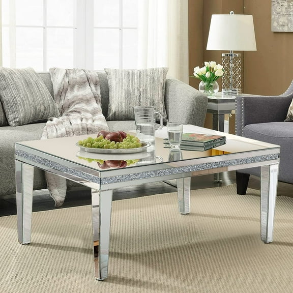 GA Home Silver Mirrored Coffee Table, Rectangle Living Room Tables with Crystal Inlay, Gorgeous Modern Mirror Coffee Table Mirrored Furniture for Living Room, Office