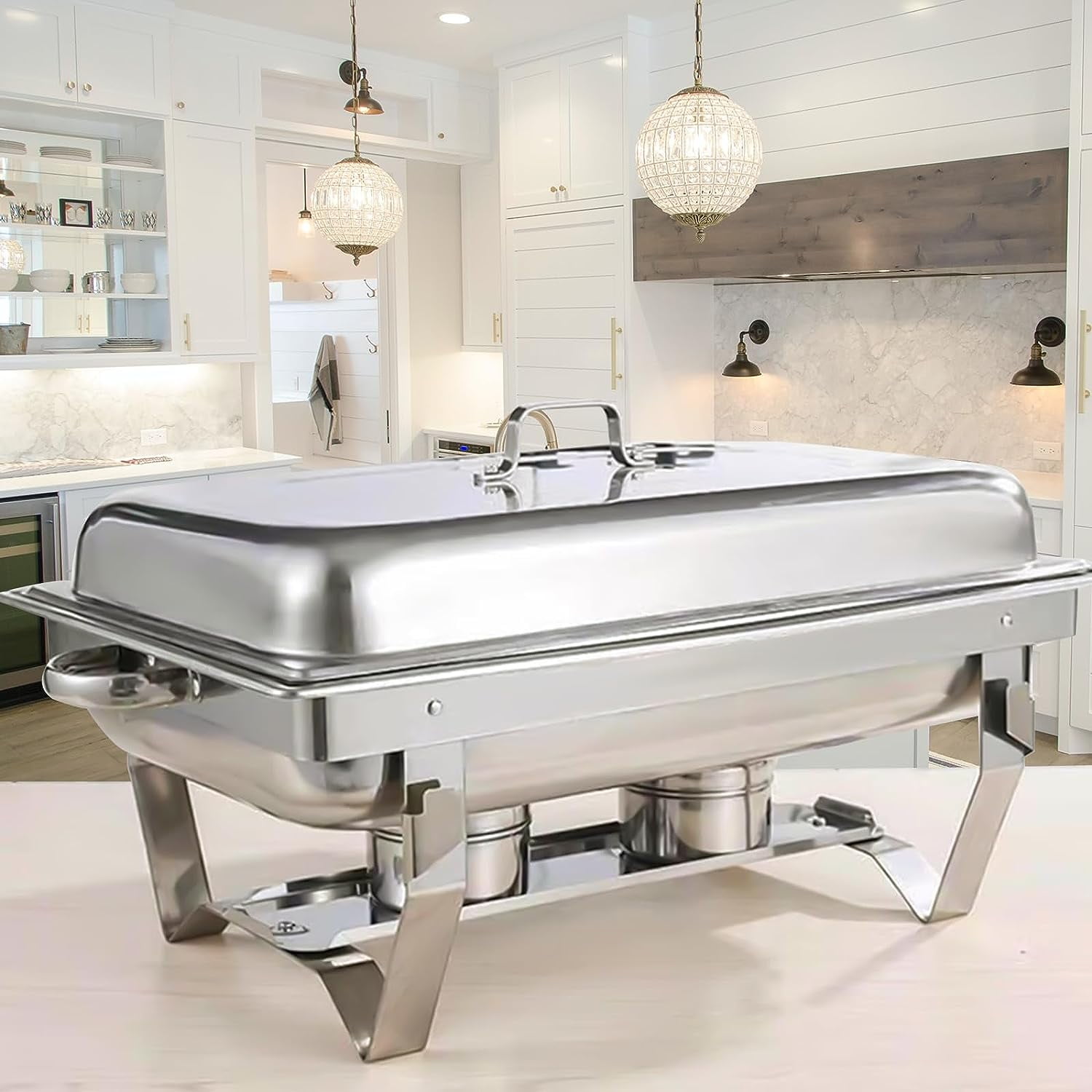 PRIJESSE 4 Pack Chafing Dish Buffet Set, 8QT Stainless Steel Rectangular Chafers and Buffet Warmer Sets for Catering, with Food & Water Pan, Lid, Foldable Frame, Fuel Holder