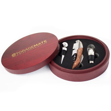 Wine Gift Set Round - Corkscrew Wine Opener Foil Cutter Wine Stopper Wine Pourer - Wooden Casing - Rosewood