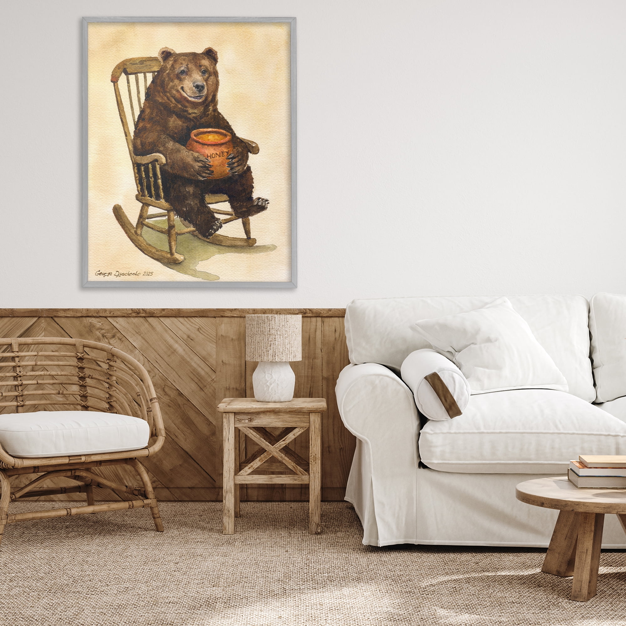Stupell Industries Happy Bear & Pot of Honey Gray Framed Giclee Art, design by George Dyachenko