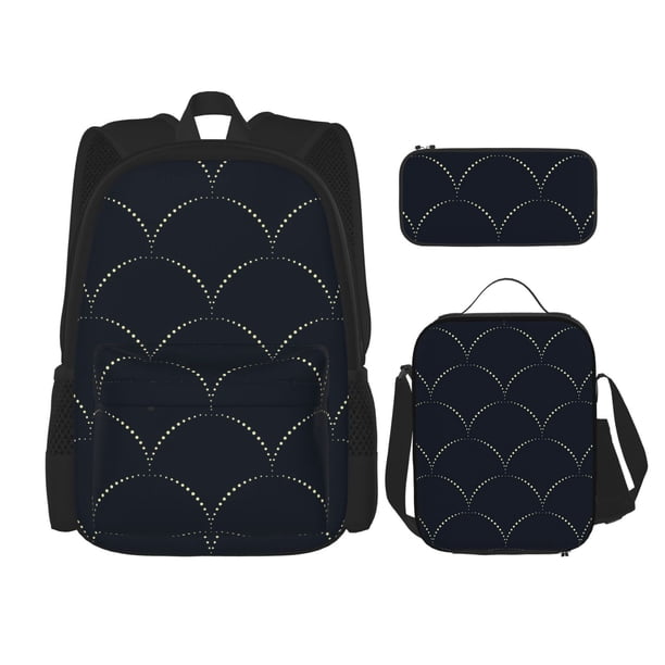 Easygdp Black Fish scales Mochila para Niños y Niñas con Set de Caja de Almuerzo y Estuche para Lápices 3 en 1, Mochila Escolar Estampada para Adolescentes